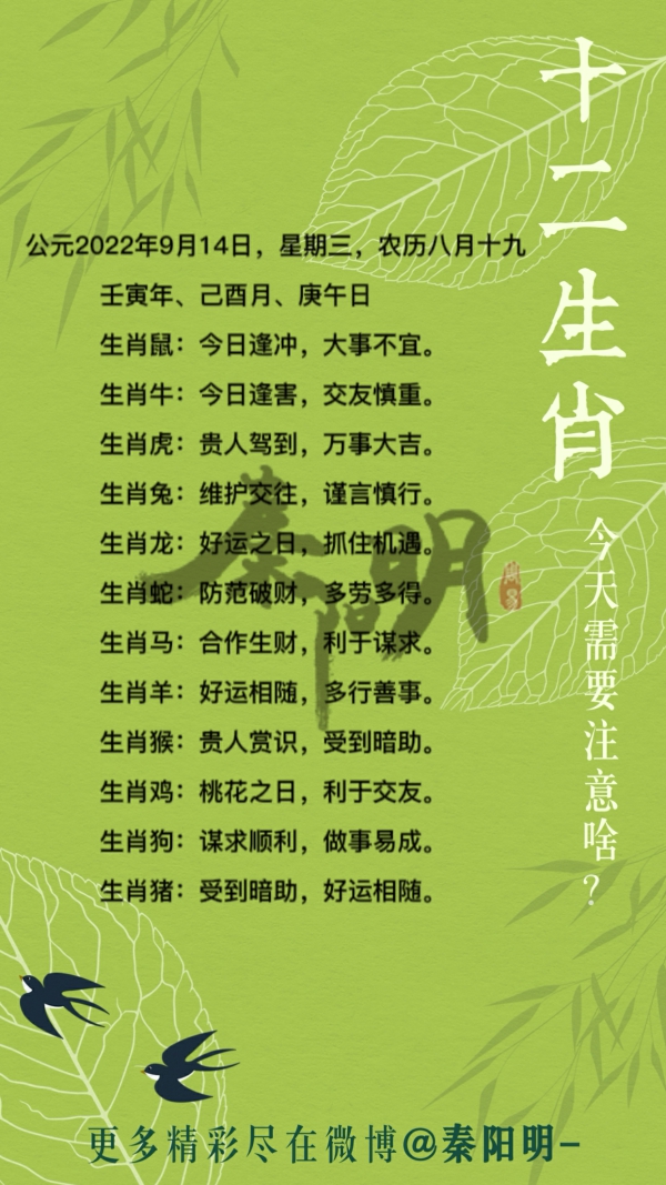 2022年9月14日十二生肖每日运势