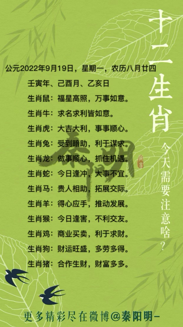 2022年9月19日十二生肖每日运势