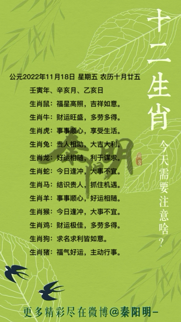 秦阳明生肖每日运势(22年11月18日) 秦阳明生肖每日运势(22年11月18日)