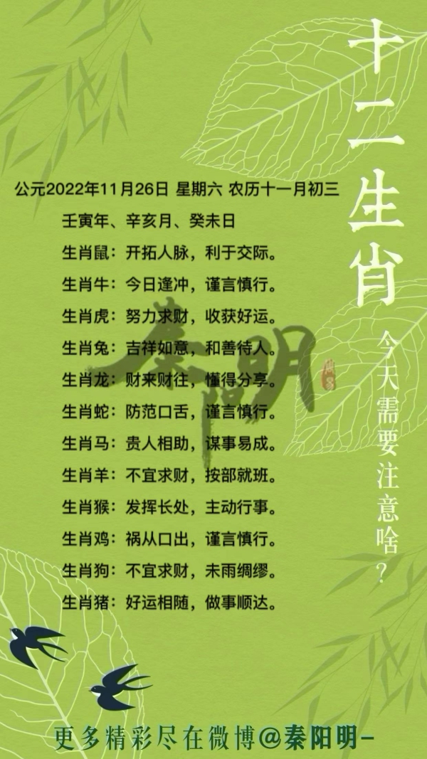 秦阳明生肖每日运势（22年11月26）
