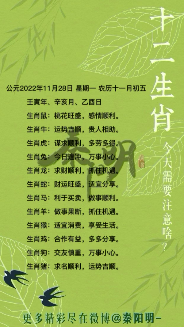 秦阳明生肖每日运势（22年11月28 ）