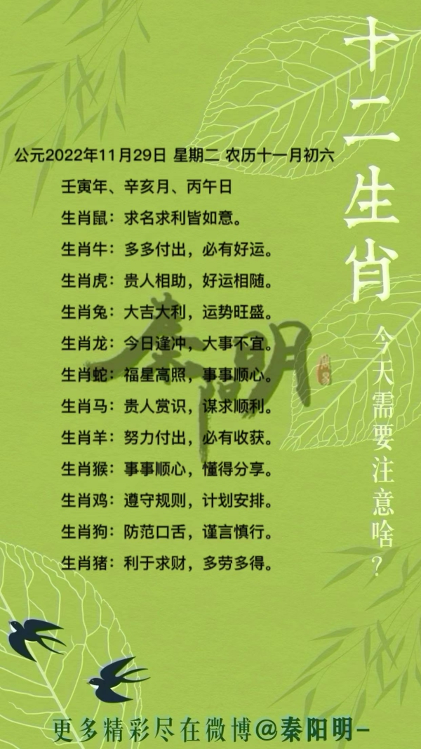 秦阳明生肖每日运势（22年11月29）