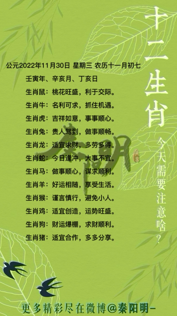 秦阳明生肖每日运势（22年11月30）