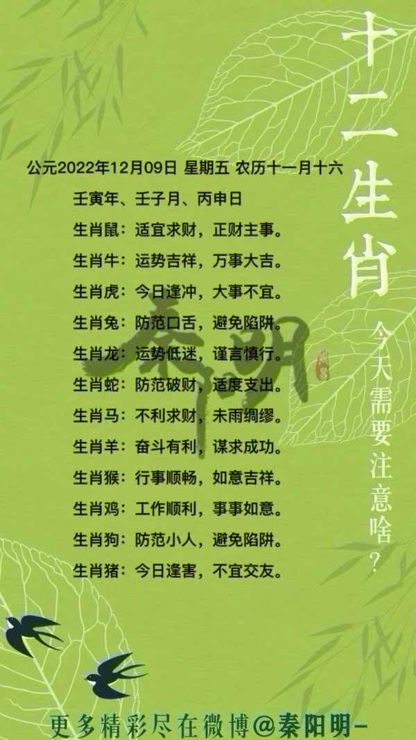 秦阳明生肖每日运势（22年12月09）