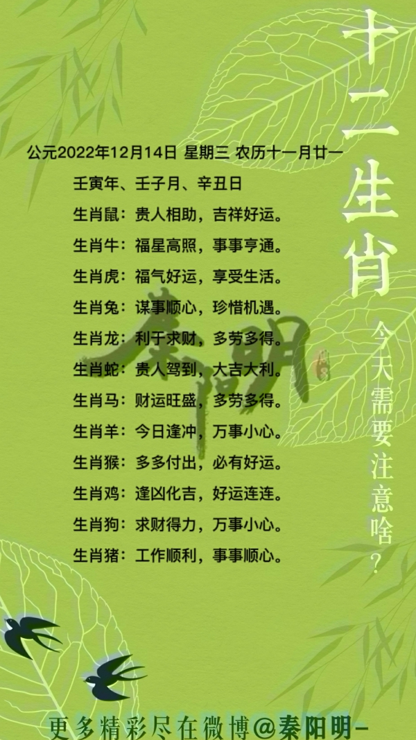 秦阳明生肖每日运势（22年12月14）