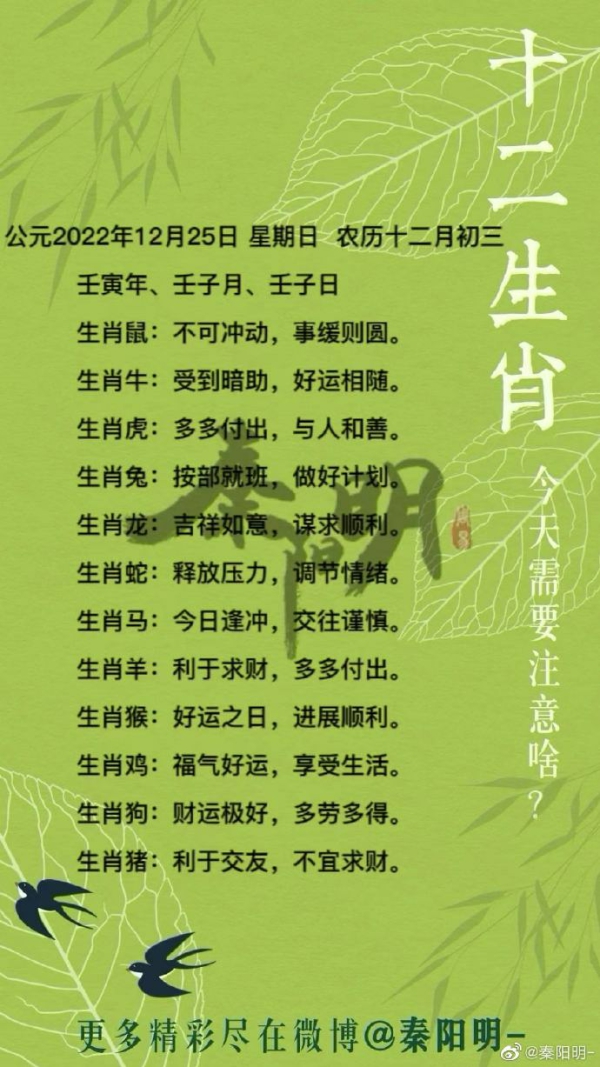 秦阳明生肖每日运势（22年12月25日）