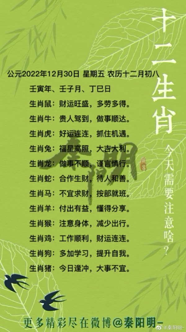秦阳明生肖每日运势（22年12月30日）