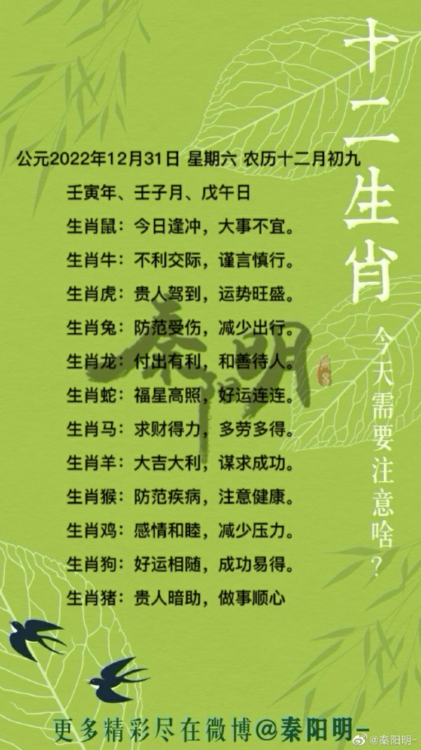 秦阳明生肖每日运势（22年12月31日）