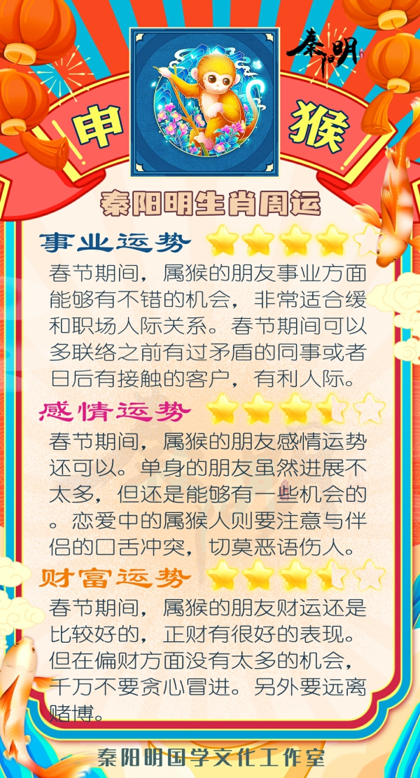 秦阳明生肖猴一周运势（01.16-01 .22）