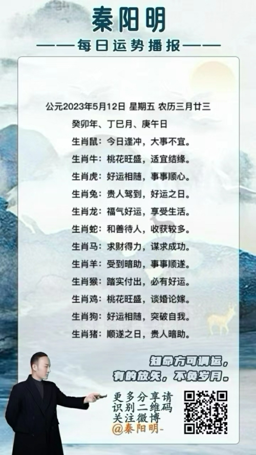 秦阳明生肖每日运势(23年05月12日) 秦阳明生肖每日运势(23年05月12日)