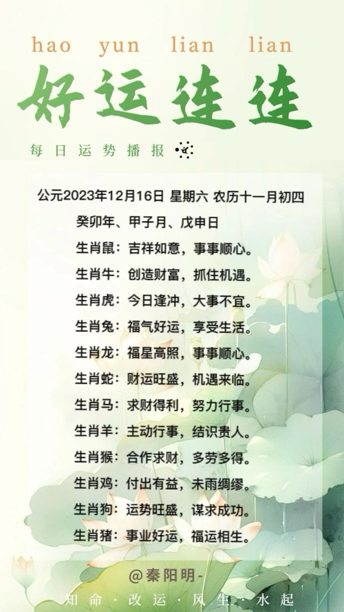 生肖每日运势（23年12月16日）
