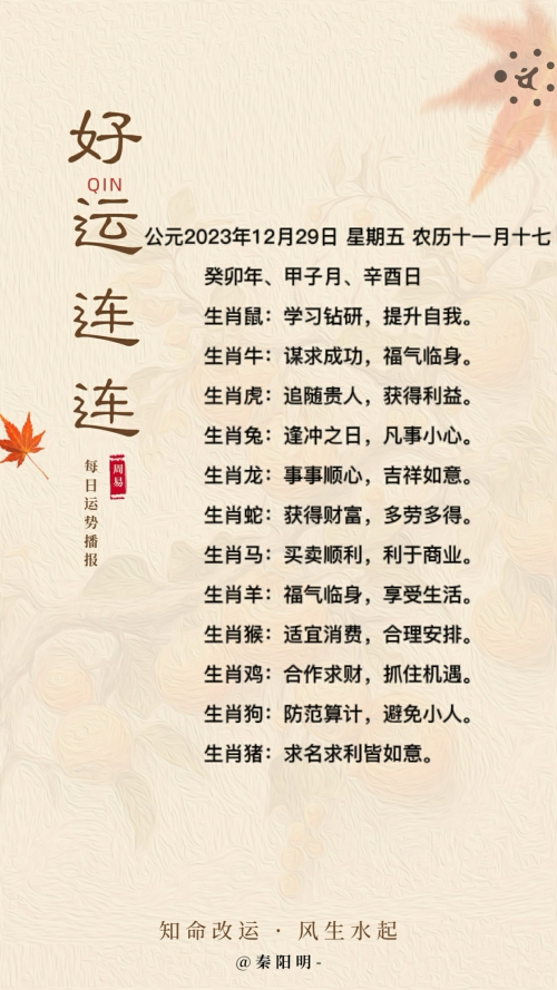 生肖每日运势（23年12月29日）