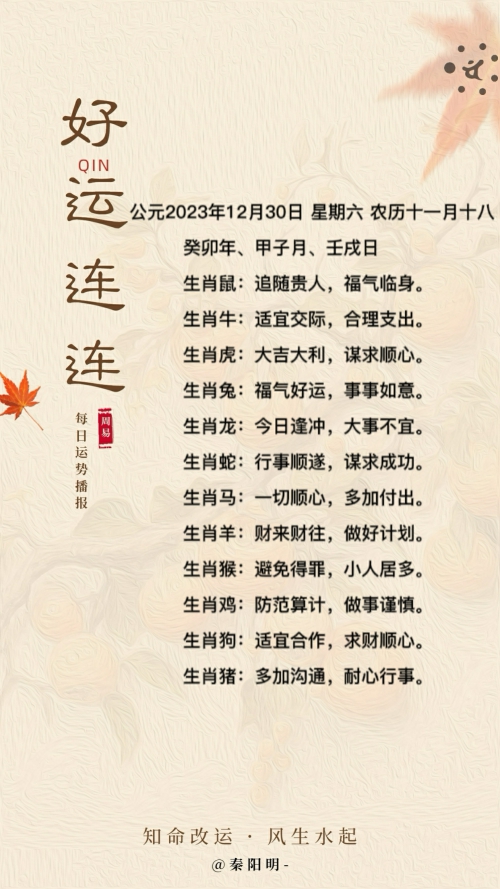 生肖每日运势（23年12月30日）