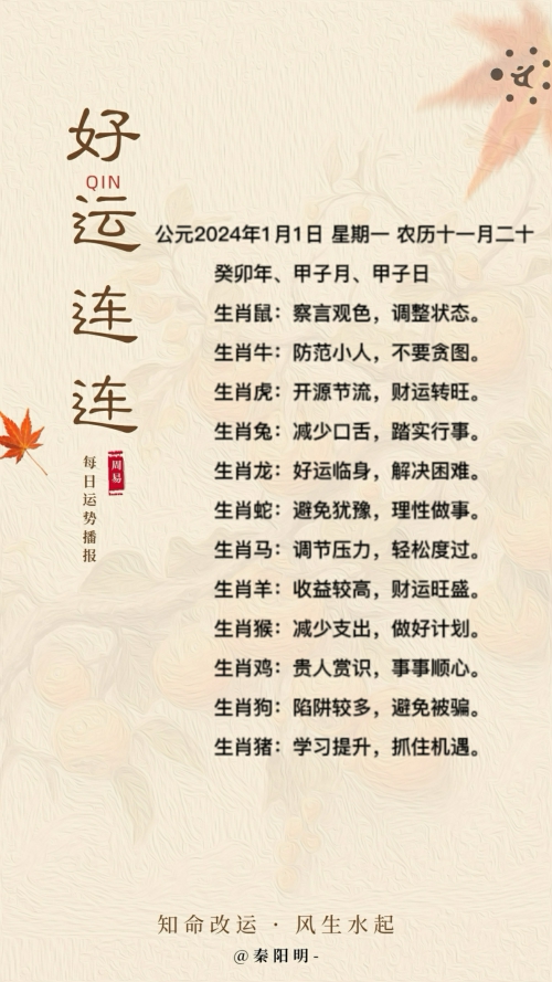 生肖每日运势（24年01月01日）