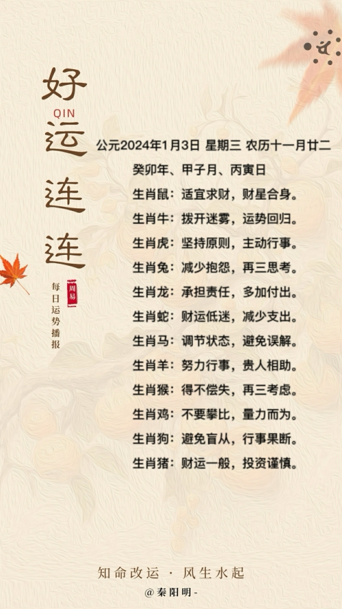 生肖每日运势（24年01月03日）