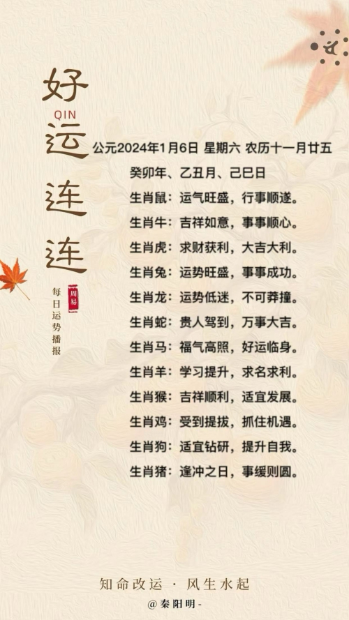 生肖每日运势（24年01月06日）