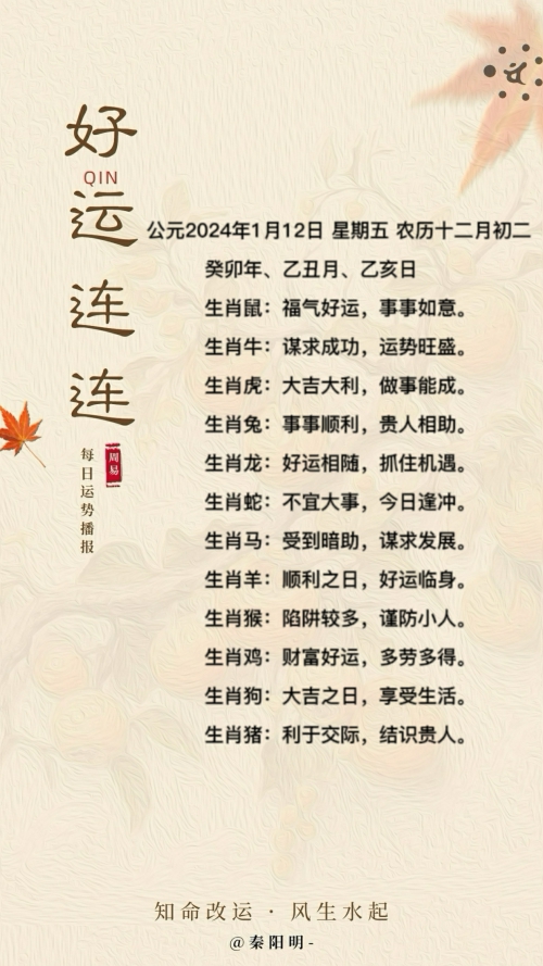 生肖每日运势（24年01月12日）