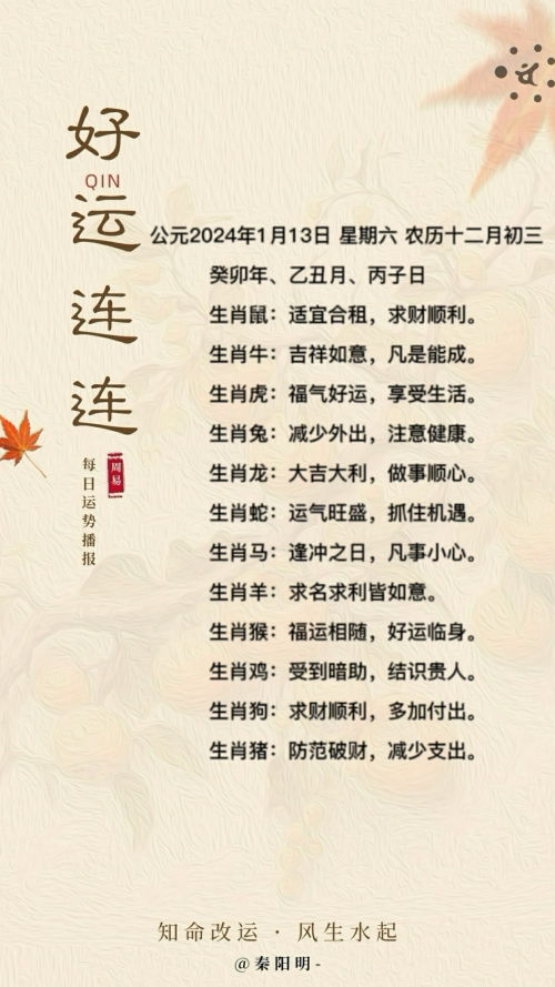 生肖每日运势(24年01月13日)
