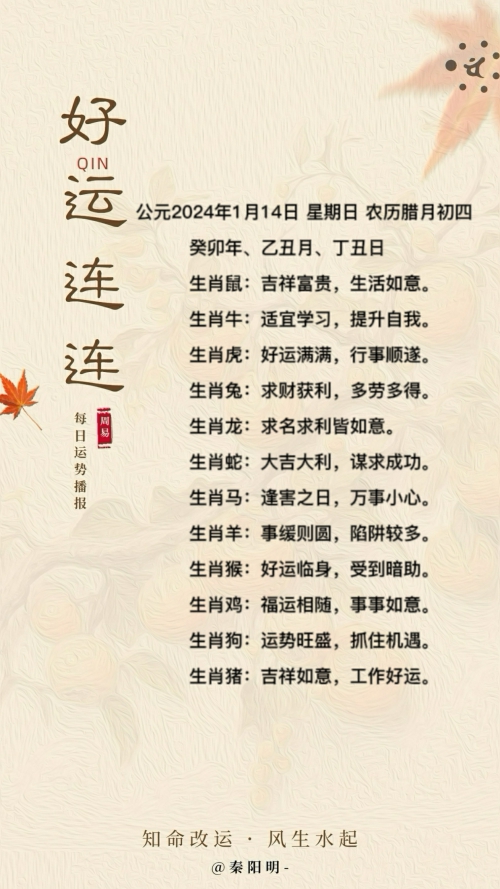 生肖每日运势（24年01月14日）