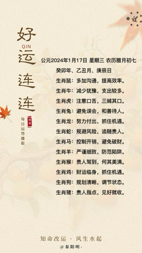生肖每日运势（24年01月17日）