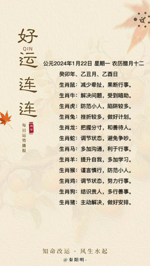 生肖每日运势（24年01月22日）