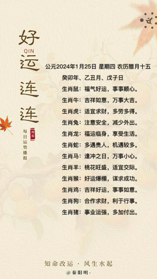 生肖每日运势（24年01月25日）