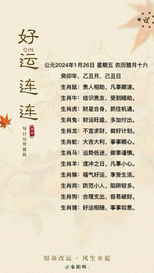 生肖每日运势（24年01月26日）