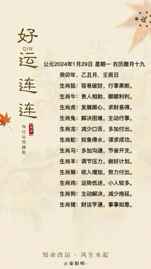 生肖每日运势（24年01月29日）