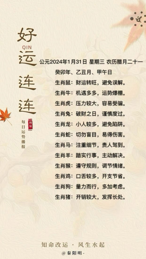 生肖每日运势（24年01月31日）