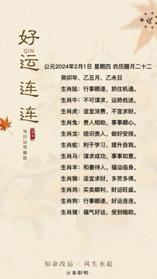 生肖每日运势（24年02月01日） 