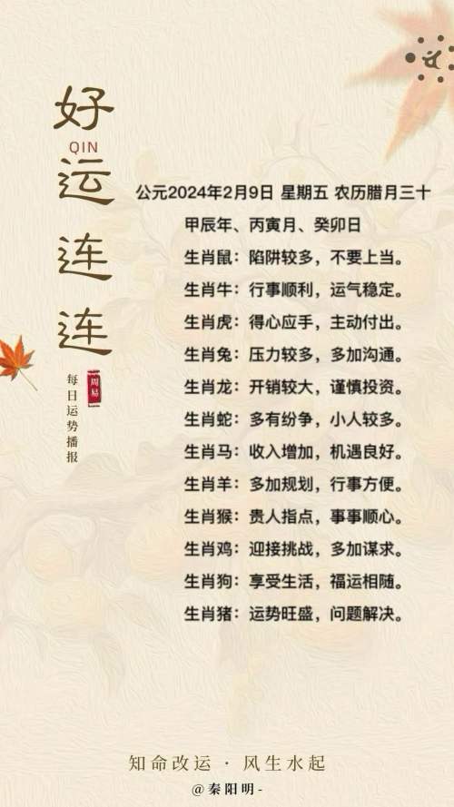 生肖每日运势（24年02月09日）