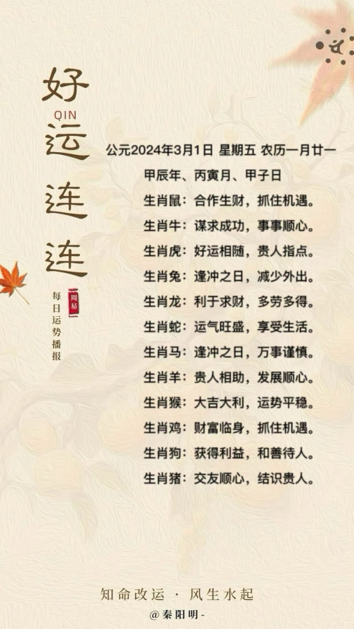 生肖每日运势（24年03月01日） 