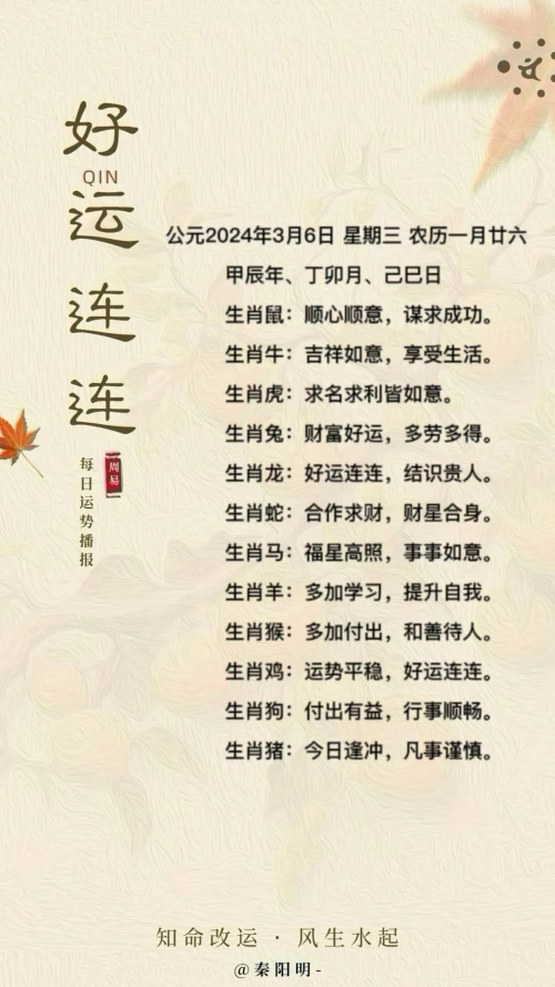 6生肖每日运势（24年03月06日）