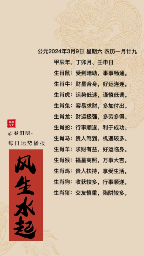 公元2024年3月9日 星期六 农历一月廿九
