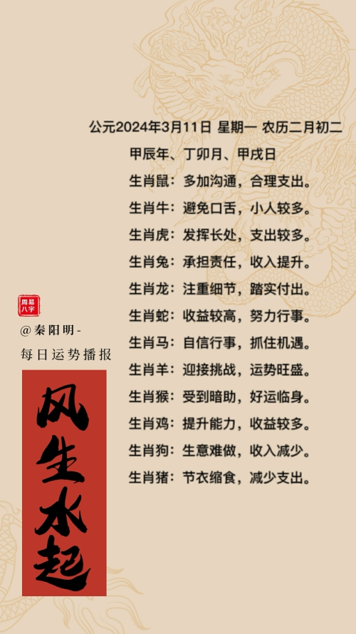 生肖每日运势（24年03月11日）