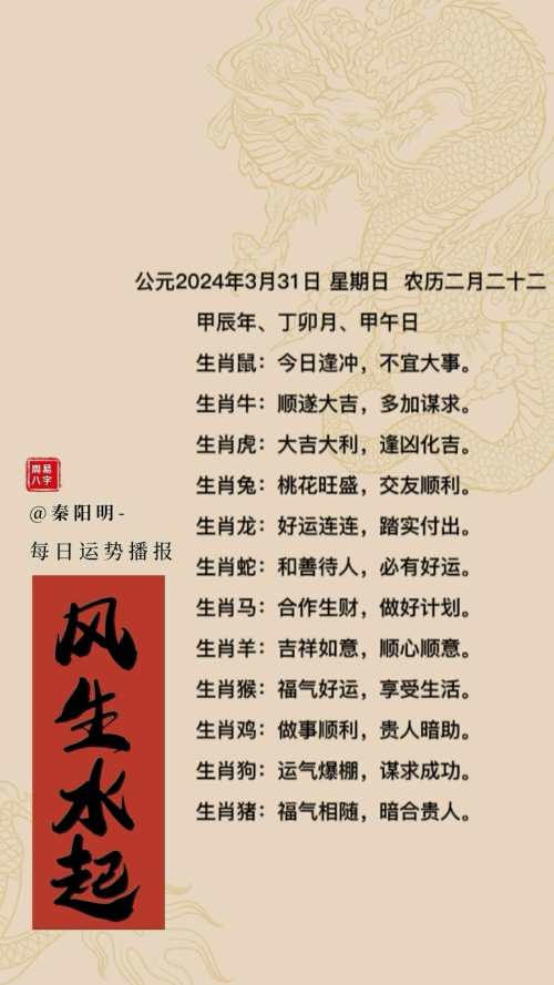 生肖每日运势(24年03月31日)