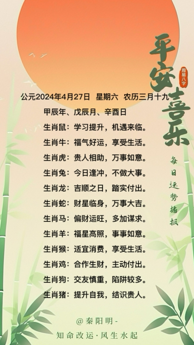 公元2024年4月27日 星期六 农历三月十九  甲辰年、戊辰月、辛酉日  生肖鼠:学习提升，机遇来临。  生肖牛:福气好运，享受生活，  生肖虎:贵人相助，万事如意，  生肖免:今日逢冲，不做大事。  生肖龙:吉顺之日，踏实付出。  生肖蛇:财星临身，万事大吉。  生肖马:偏财运旺，多加谋求。  生肖羊:福星高照，事事如意。  生肖猴:适宜消费，享受生活。  生肖鸡:合作生财，主动付出。  生肖狗:交友慎重，陷阱较多。  生肖猪:提升自我，结识贵人。