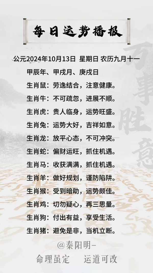 生肖每日运势(24年10月13日)