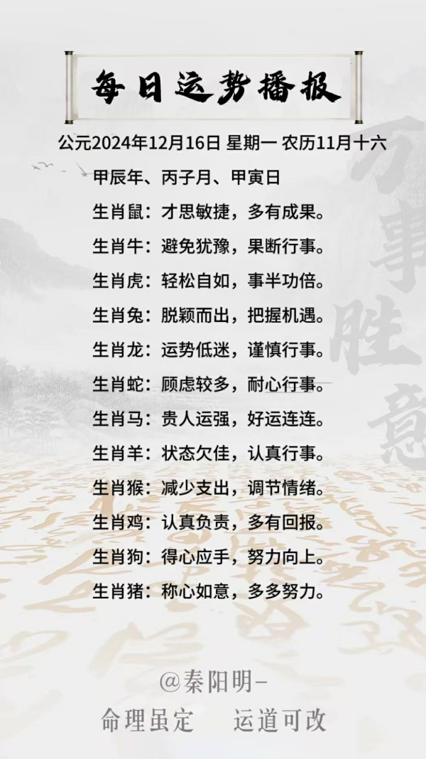 生肖每日运势（24年12月16日）