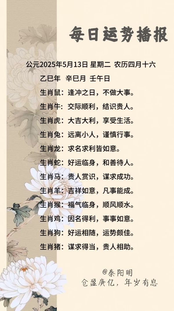 生肖每日运势(25年5月13日)
