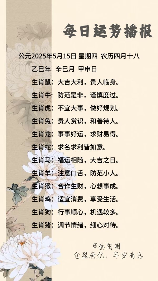 生肖每日运势(25年5月15日)